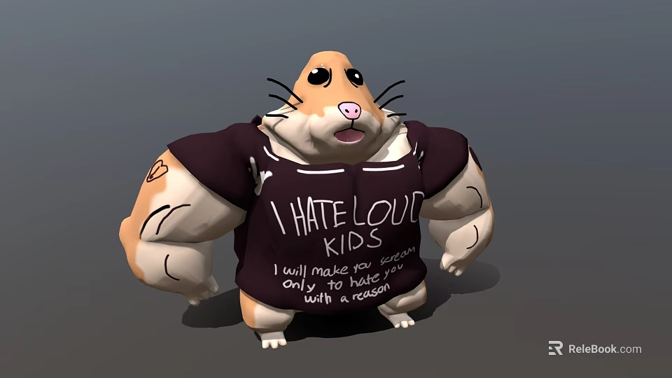 Muscular Hamster Wearing T Shirt With I HATE LOUD KIDS Text And Cushion Fun 3d model 