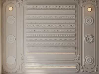 Elegant Ceiling Design Featuring Gypsum Molding With Decorative Patterns Circular Elements And Recessed Lighting 3d model