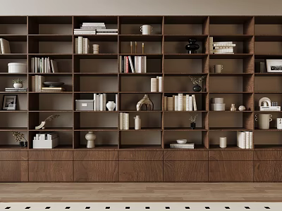 Modern Wooden Bookcase With Multi Compartment Shelves Books And Decorative Vases 3d model