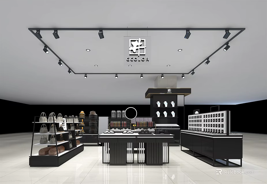 Modern ROCCA Brand Store Interior With Display Shelves Track Lighting And Product Counters 3d model 