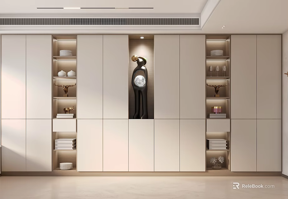 Modern Bookcase Interior Design With Built-in Compartments Dishes Wine Glasses Towels And Decorative Sculpture 3d model 