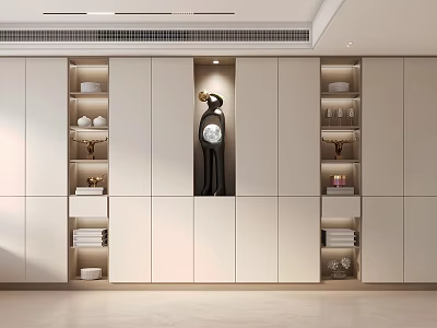 Modern Bookcase Interior Design With Built-in Compartments Dishes Wine Glasses Towels And Decorative Sculpture 3d model