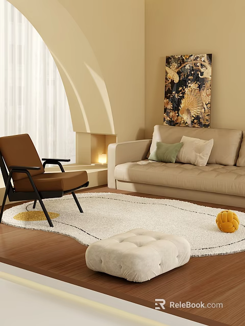 Cozy Modern Living Room Interior With Beige Sofa Brown Armchair White Rug And Decorative Artwork 3d model 