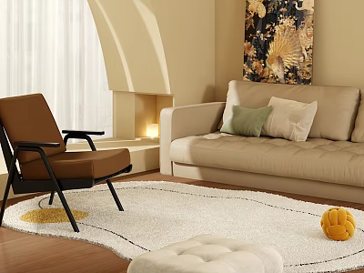 Cozy Modern Living Room Interior With Beige Sofa Brown Armchair White Rug And Decorative Artwork 3d model
