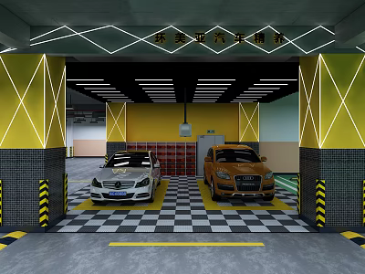 Modern Car Dealership Interior With White And Orange Cars On Checkered Floor 3d model