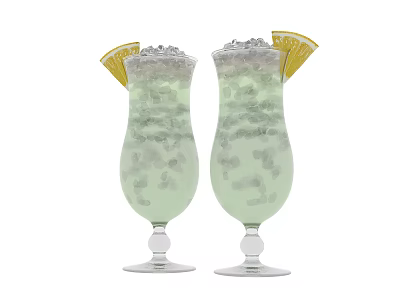 Two Tall Green Cocktail Glasses Filled with Ice Cubes and Lemon Garnish 3d model