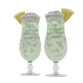 Two Tall Green Cocktail Glasses Filled with Ice Cubes and Lemon Garnish