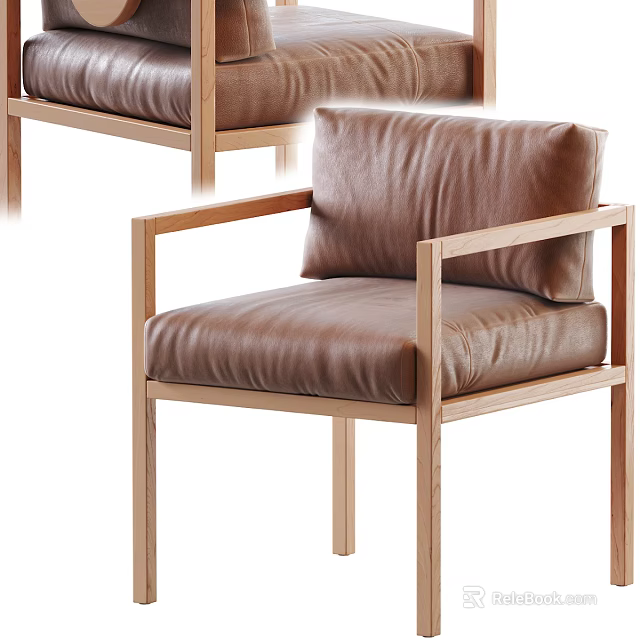 Modern Accent Chair with Brown Leather Cushion and Light Wooden Frame Armrests for Living Room 3d model 