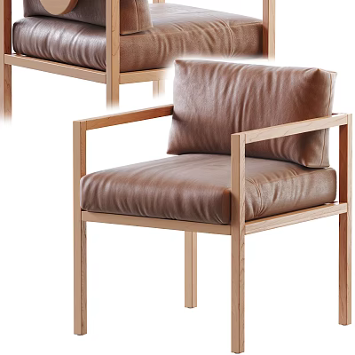 Modern Accent Chair with Brown Leather Cushion and Light Wooden Frame Armrests for Living Room 3d model