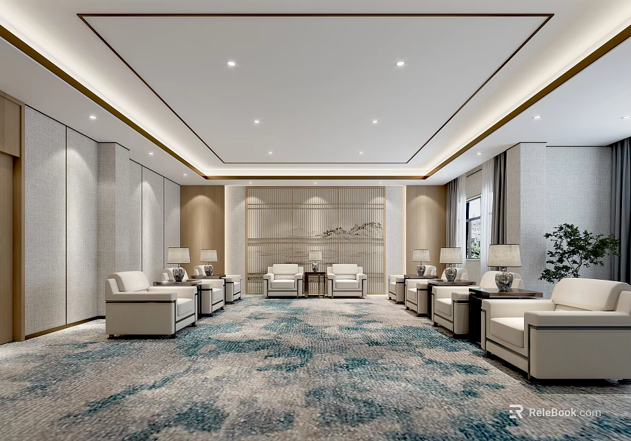 Elegant Hotel Public Lounge Area With Beige Sofas Patterned Carpet And Decorative Wall 3d model