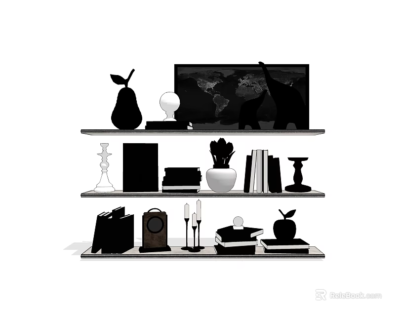 Modern Decorative Ornament Set on Shelf with Globe Books Potted Plant Candlestick Apple Figurine 3d model 