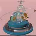 Transparent Faucet Device With Flowing Gold Coins Green Leaves And Circular Structure On Blue Base