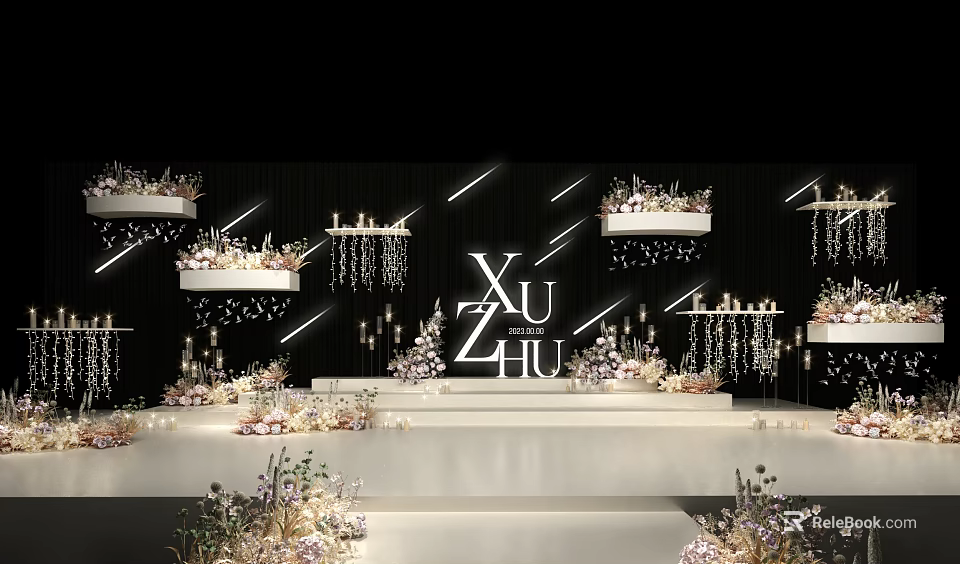 Wedding Stage Decor with Black Background White Letters XU4U Floral Arrangements Hanging Lamps and Candles 3d model 