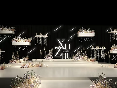 Wedding Stage Decor with Black Background White Letters XU4U Floral Arrangements Hanging Lamps and Candles 3d model
