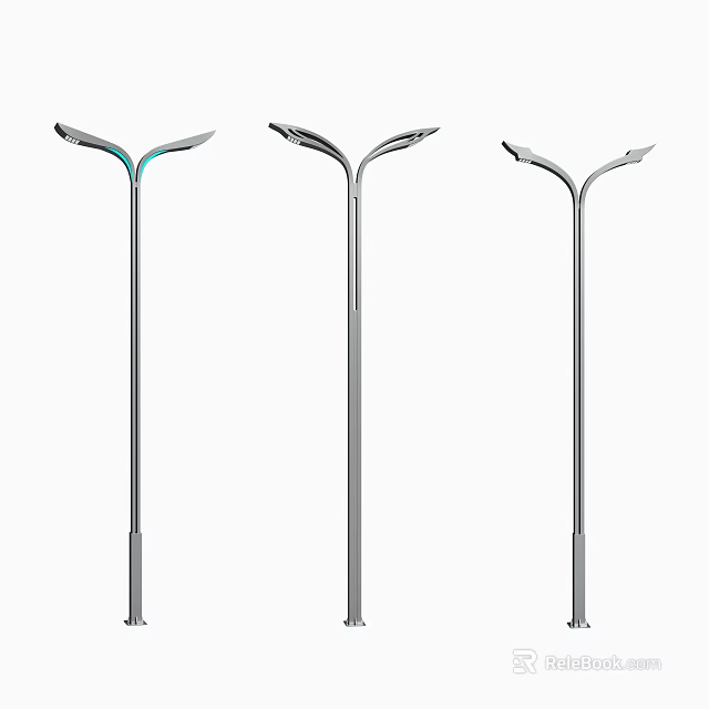 Modern Outdoor Street Lights With Silver Metal Poles And Curved Light Arms 3d model 