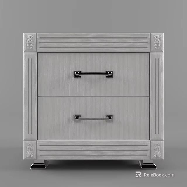 Light Gray Nightstand With Two Drawers Black Metal Handles And Carved Details 3d model 
