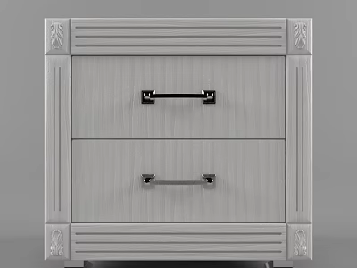 Light Gray Nightstand With Two Drawers Black Metal Handles And Carved Details 3d model