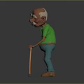 Elderly Man Character in Green Polo Shirt and Blue Pants with Walking Cane