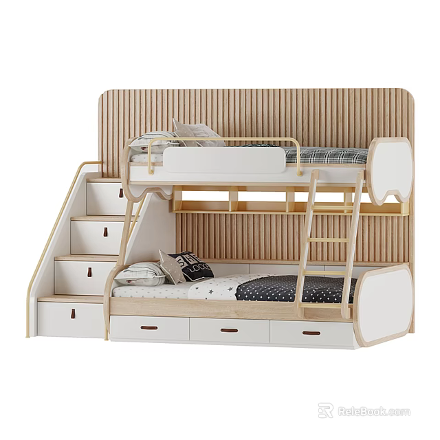 Modern Wooden Bunk Bed With Ladder Storage Drawers And Safety Guardrails 3d model 