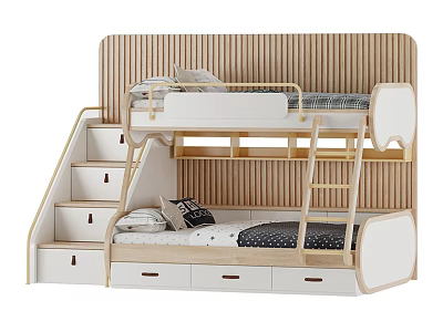 Modern Wooden Bunk Bed With Ladder Storage Drawers And Safety Guardrails 3d model