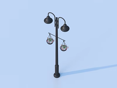 Black Outdoor Street Light With Dual Lamp Heads And Decorative Hanging Lanterns For Garden Pathway 3d model