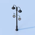 Black Outdoor Street Light With Dual Lamp Heads And Decorative Hanging Lanterns For Garden Pathway