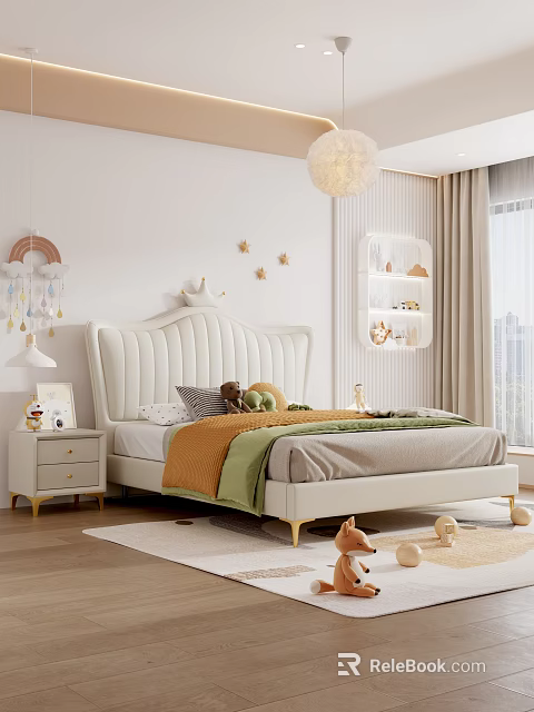 Cozy Kids Room Interior Design With White Crown Headboard Bed Star Decorations And Stuffed Toys 3d model 