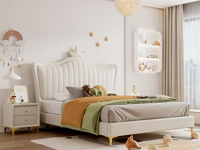 Cozy Kids Room Interior Design With White Crown Headboard Bed Star Decorations And Stuffed Toys 3d model