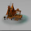 Wooden Hut With Orange Flame Like Roof Wooden Platform And Staircase On Blue Water