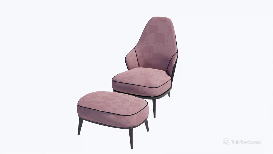 Elegant Pink Upholstered Modern Armchair With Matching Checkered Footstool Design 3d model 