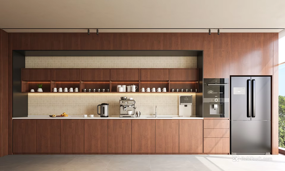 Modern Open Design Tea Room With Wooden Cabinets Coffee Machine And Refrigerator 3d model 