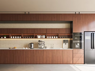 Modern Open Design Tea Room With Wooden Cabinets Coffee Machine And Refrigerator 3d model