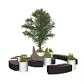 Outdoor Curved Public Chairs Design With Central Tree And Potted Plants