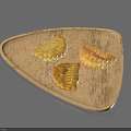 Golden Baked Pastries on Triangular Wooden Plate with Crispy Texture and Flaky Layers