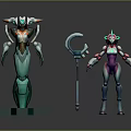 Two Sci Fi Characters Green Robot And Purple Pink Figure With Ringed Staff Standing