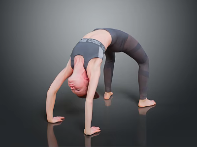 Child bending backward in yoga pose wearing sportswear on dark background 3d model