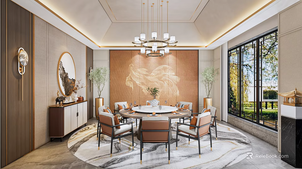 Elegant Private Dining Room With Round Table Chairs Chandelier Wall Art And Large Windows 3d model 