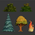 Different Shaped 3D Trees With Green Teal Yellow Orange Flame Colors And Dark Reflection 3d model