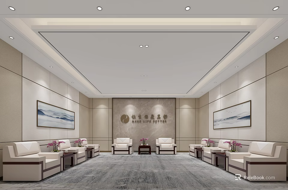 Elegant Reception Room Interior With White Sofas Coffee Tables And Decorative Paintings 3d model 