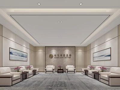 Elegant Reception Room Interior With White Sofas Coffee Tables And Decorative Paintings 3d model