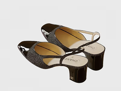 Chanel Glittery Patent Leather Peep Toe Slingback Block Heel Shoes 3d model