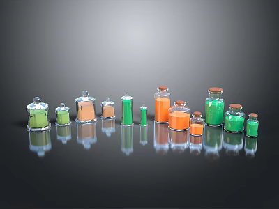 Assorted Glass Bottles With Green And Orange Liquid And Stoppers In Various Sizes 3d model