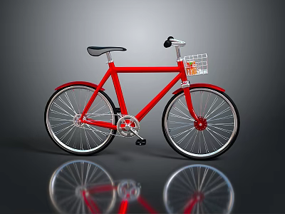 Red Bicycle with Black Seat Front Basket and Silver Wheels on Reflective Surface Background 3d model