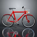 Red Bicycle with Black Seat Front Basket and Silver Wheels on Reflective Surface Background