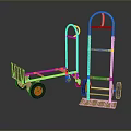 Golden Hand Trucks With Red Wheels On Shiny Black Reflective Surface