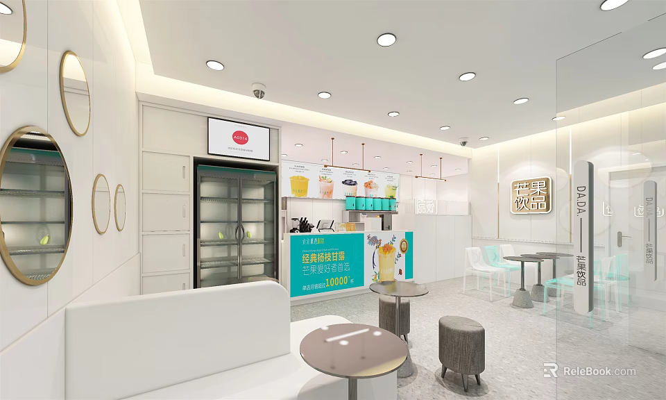 Modern Bubble Tea Shop Interior With Beverage Display Counter And Cozy Seating Area 3d model 