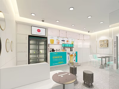 Modern Bubble Tea Shop Interior With Beverage Display Counter And Cozy Seating Area 3d model