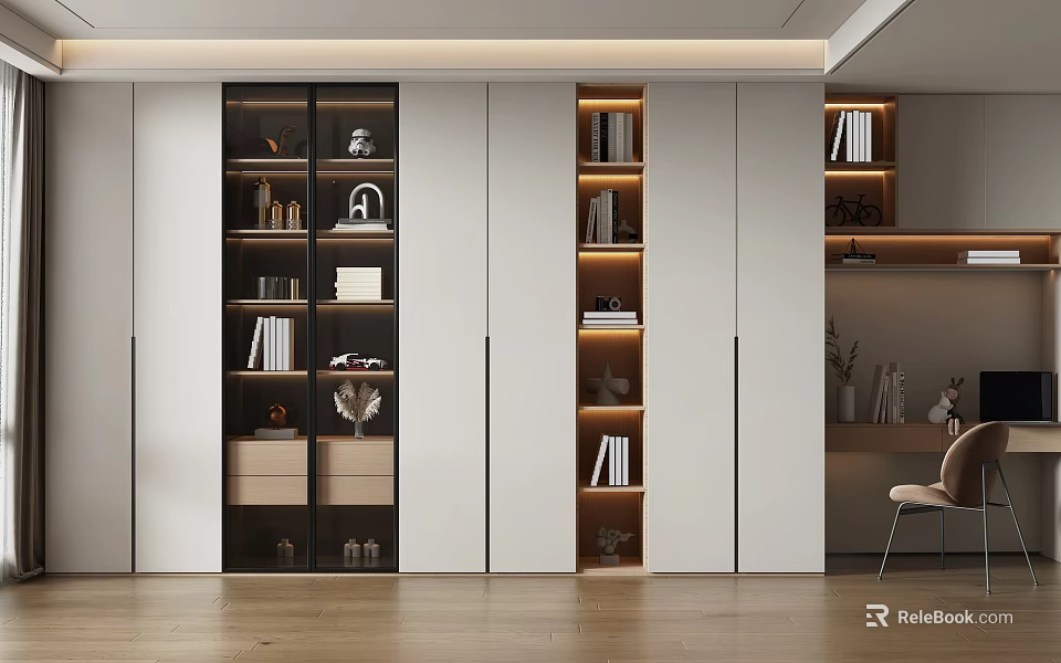 Modern Study Room Interior With Open Bookshelves Closed Cabinets Wooden Flooring And Decorative Items 3d model 