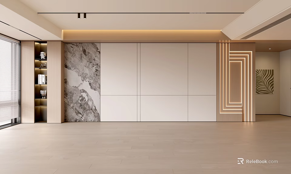 Modern Living Room Interior With Marble Accent Wall And Built in Cabinets 3d model 