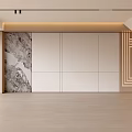 Modern Living Room Interior With Marble Accent Wall And Built in Cabinets